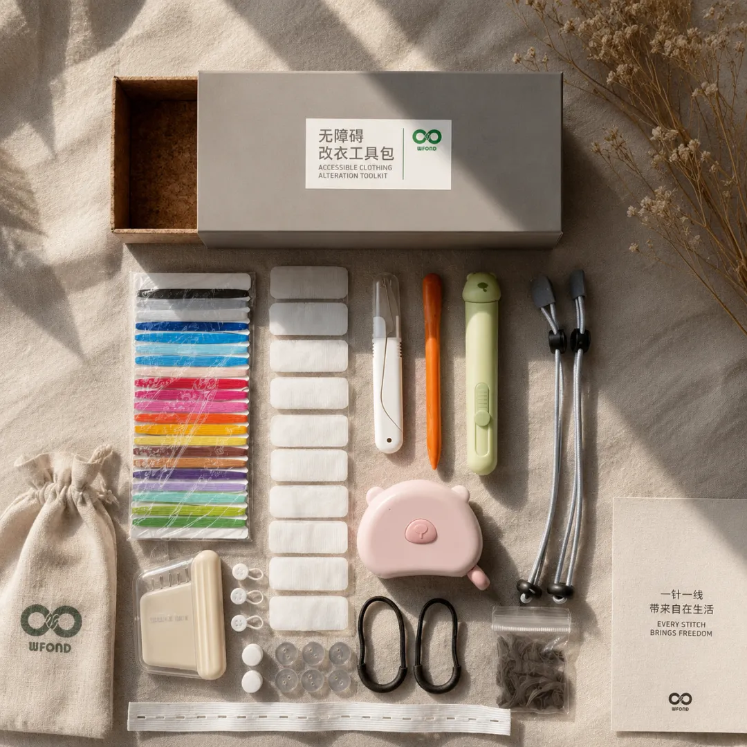 WFOND Adaptive Sewing Kit laid out flat — coloured threads, iron-on patches, easy-grip scissors, a seam ripper, a bear-shaped tape measure and a linen drawstring bag, labelled “every stitch brings freedom”.