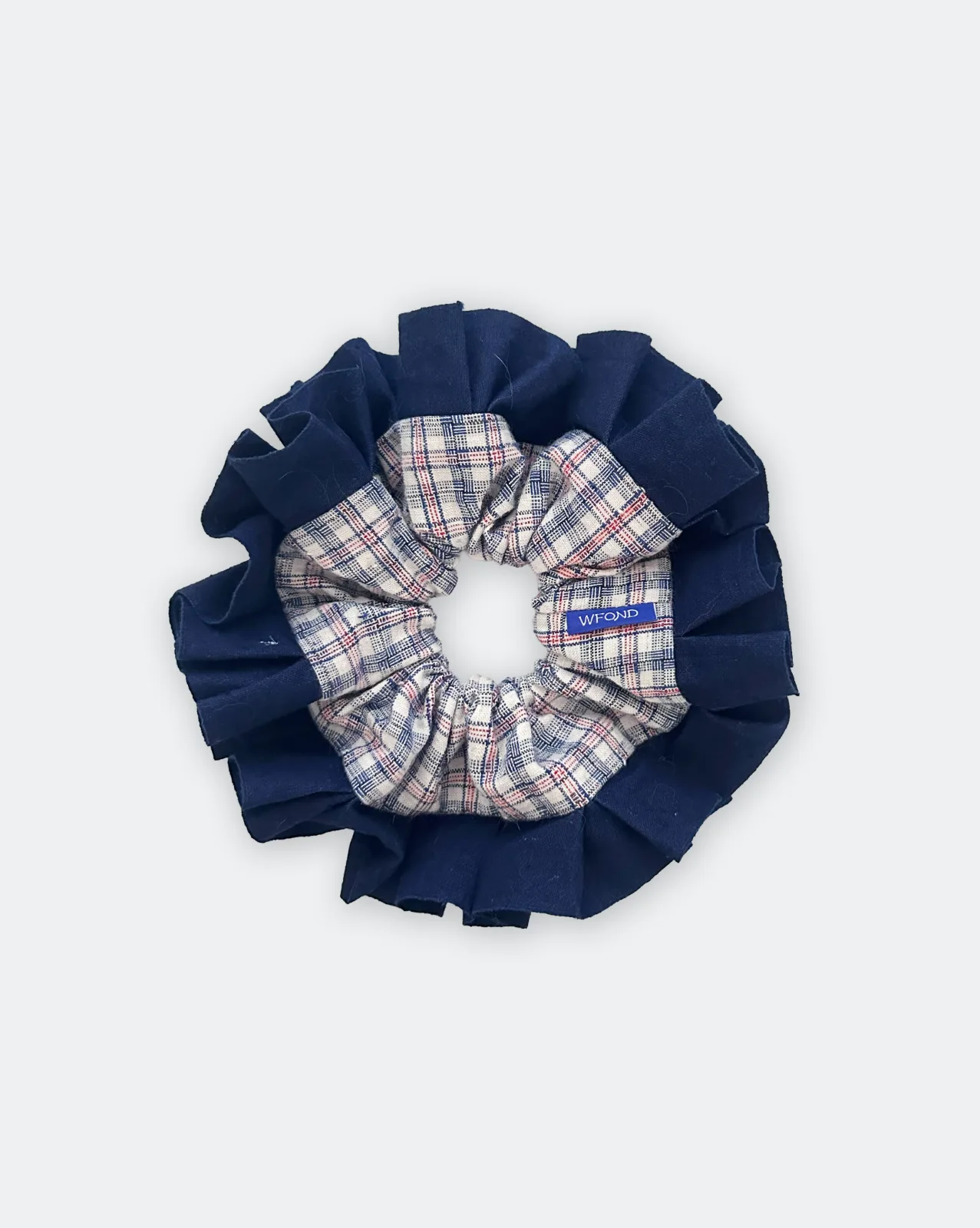 Scrunchie - Pink & Blue Check with Navy Lace Trim
