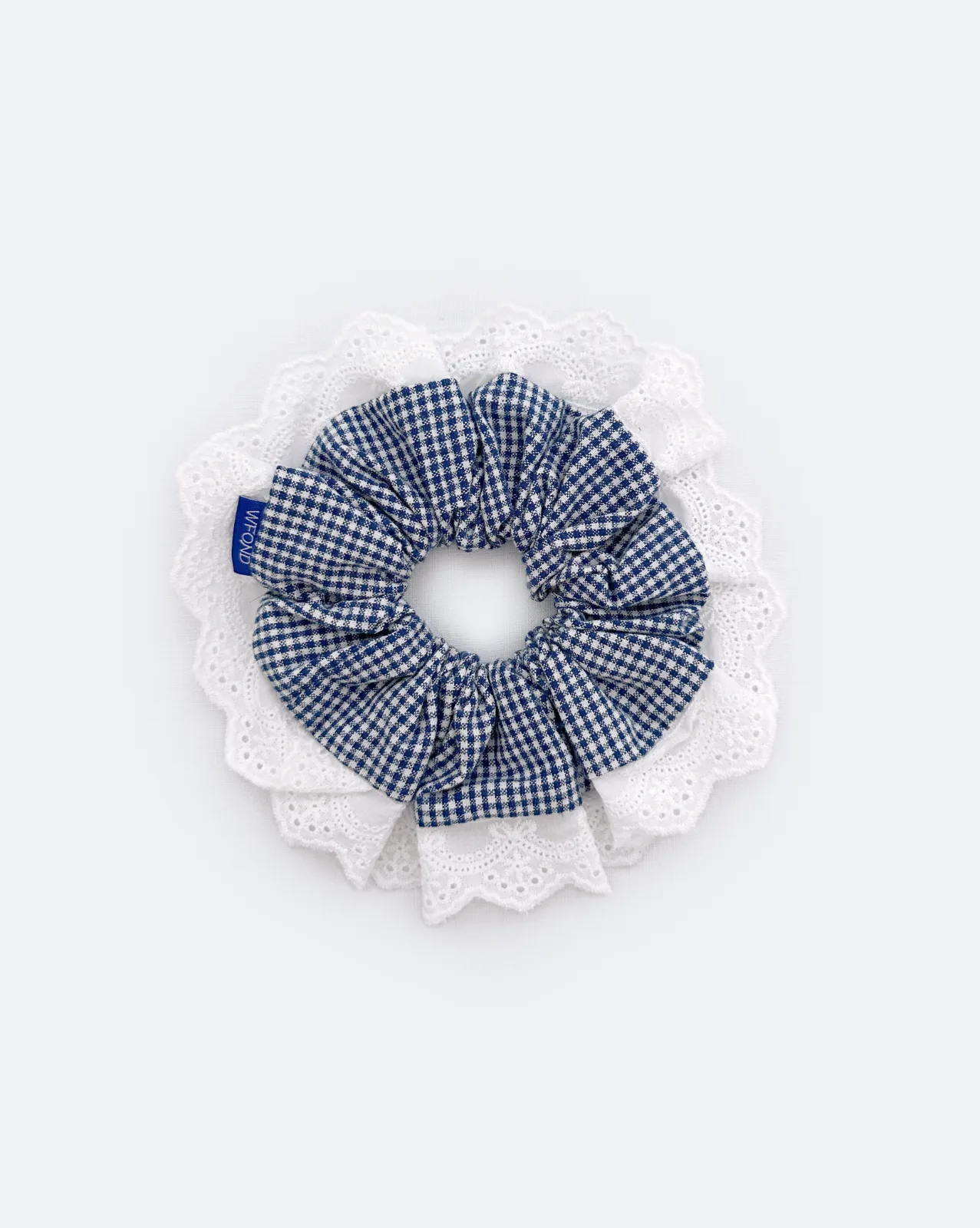 Scrunchie - Blue & White Gingham with White Lace