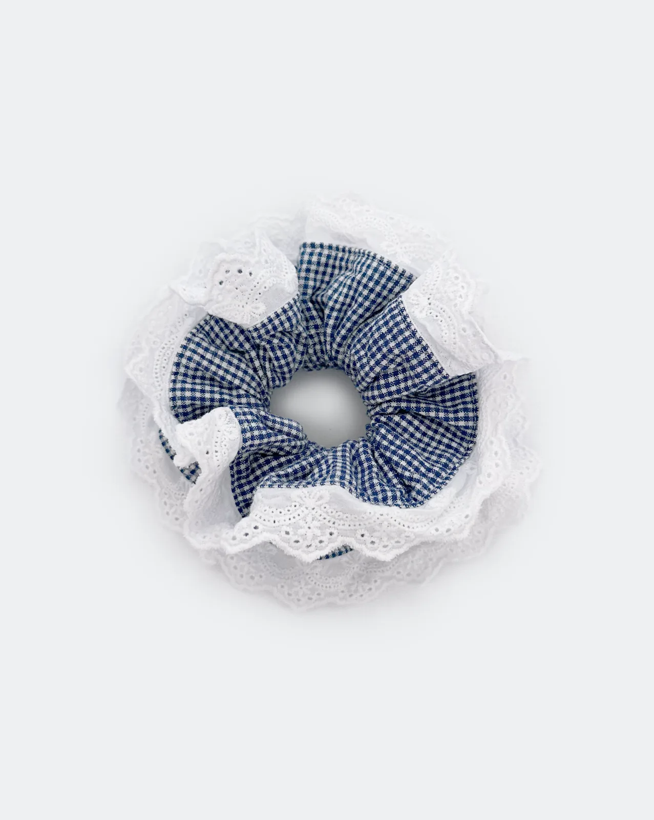 Double Ruffle Scrunchie – Blue & White Gingham with White Lace