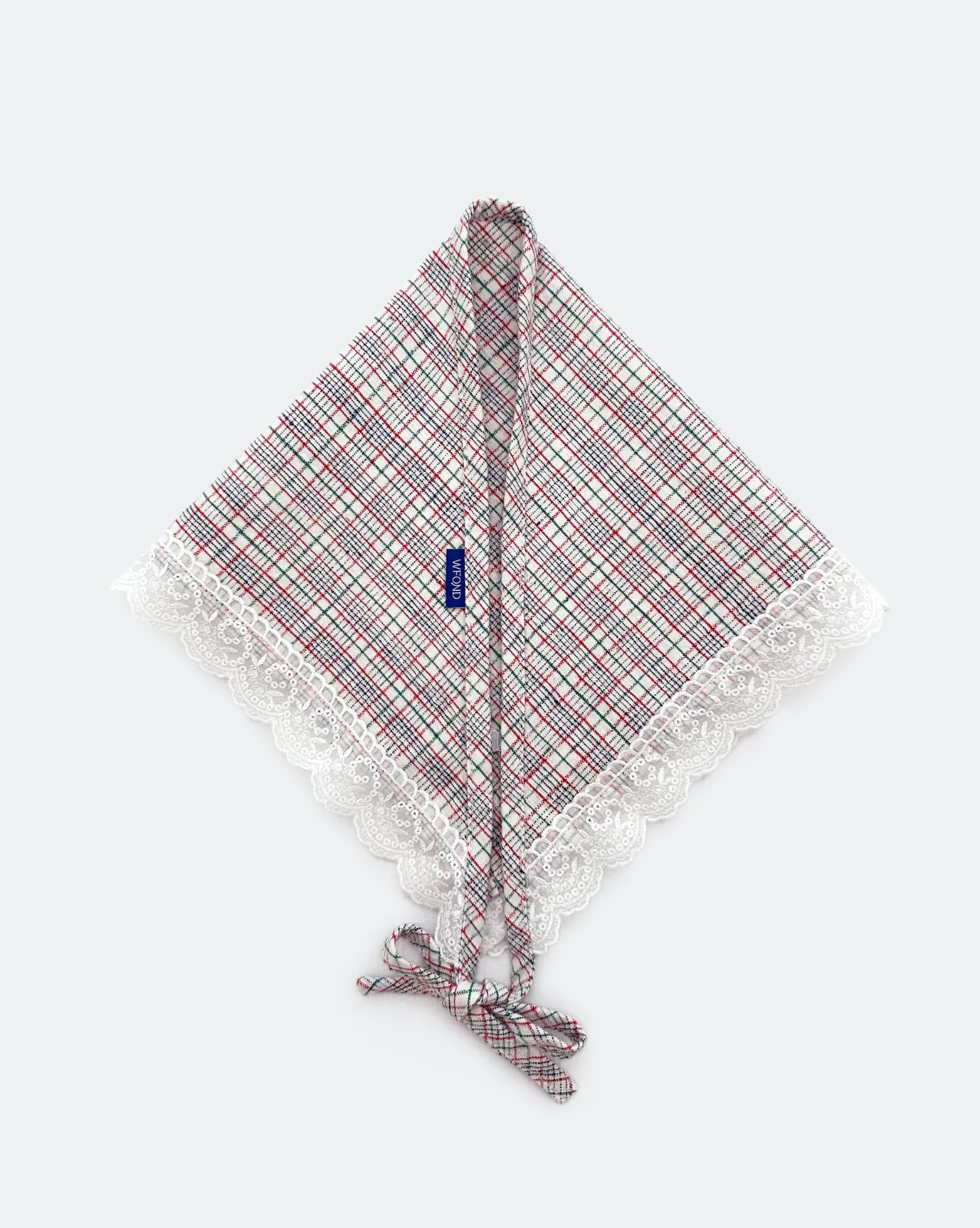 Embroidered Headscarf – Ivory with Red & Blue Pinstripes